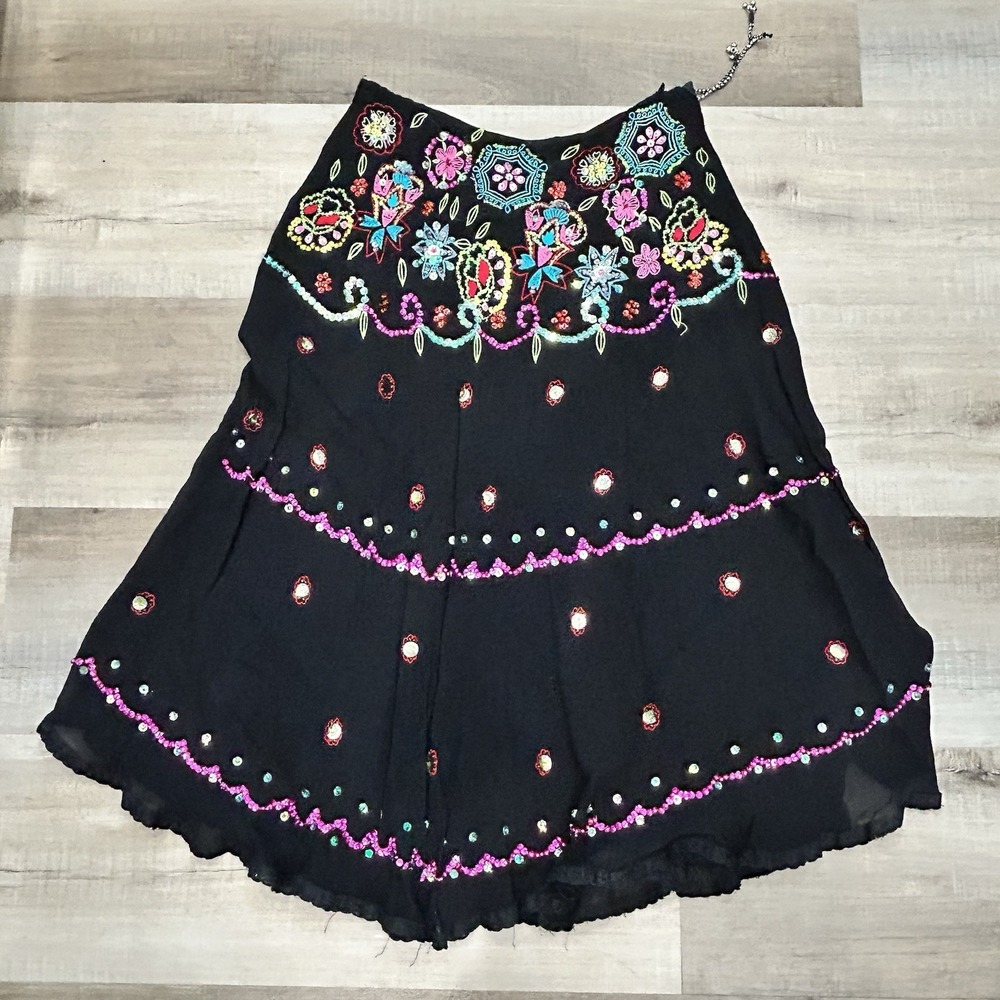 Boho Peasant Tribal Maxi Skirt Black With Multi Color Sequins Beads Floral OS
